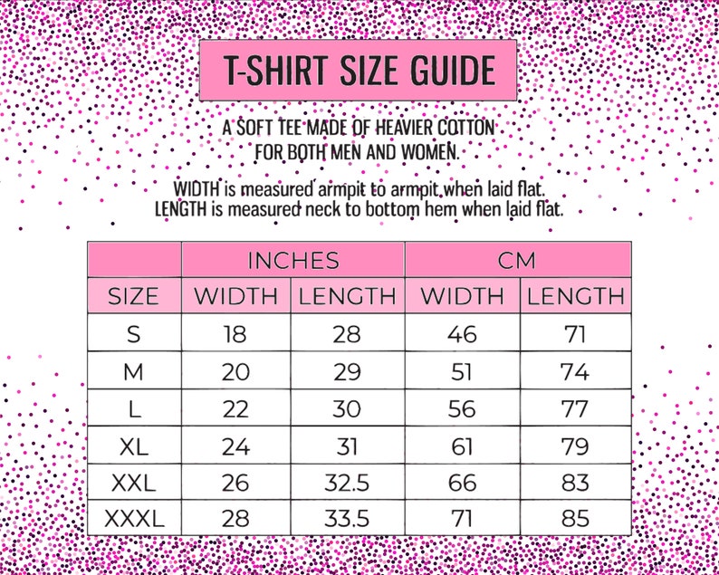 May include: T-shirt size guide with measurements in inches and centimeters. The chart shows sizes S through XXXL with corresponding width and length measurements for each size.