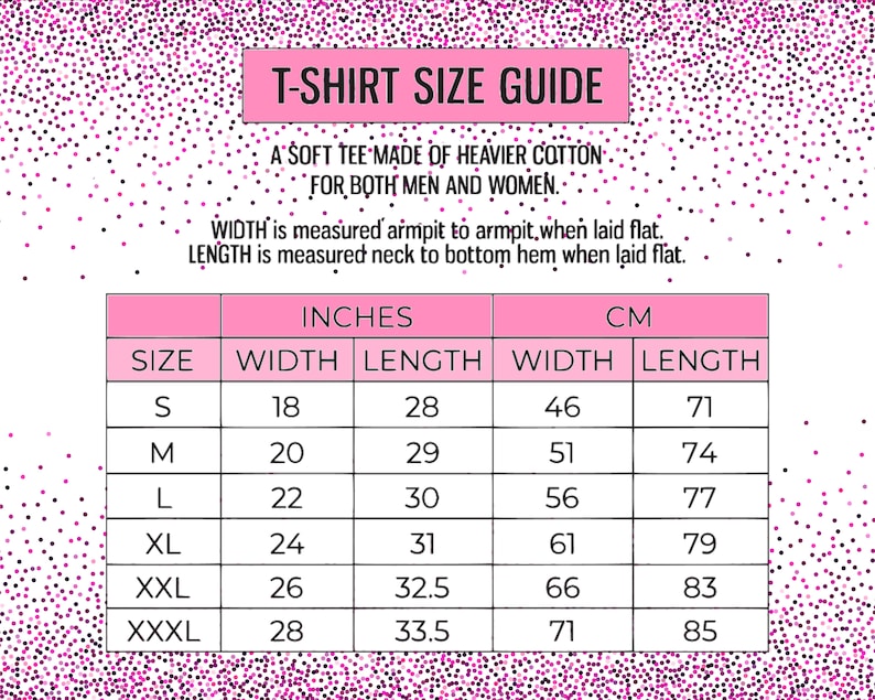 May include: T-shirt size guide with measurements in inches and centimeters. The chart shows sizes S through XXXL with corresponding width and length measurements for each size.