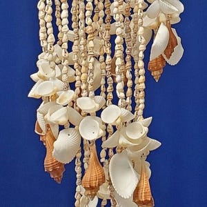 May include: A long, white and brown seashell wind chime with multiple tiers of shells hanging from a white string. The top tier is a woven basket of shells.