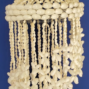 36" White Bubble and White Cowry Seashell Chandelier