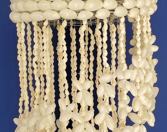 36" White Bubble and White Cowry Seashell Chandelier