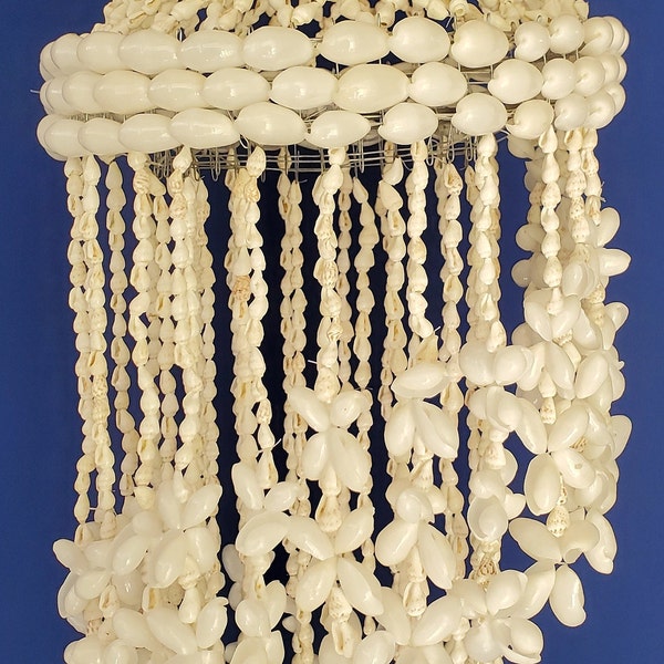 36" White Bubble and White Cowry Seashell Chandelier