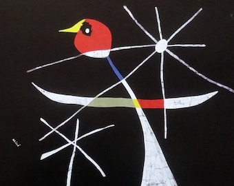 May include: Abstract painting with a black background and white stars. A red, yellow, and blue bird is perched on a white branch with a yellow and red stripe.