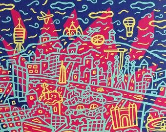 Obra de arte abstracta de gran formato firmada, arte de viajes, Barcelona, por Philip Stanton