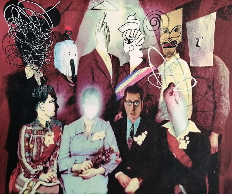 Puede incluir: Un collage de figuras con diversas expresiones faciales y dise&ntilde;os abstractos. Las figuras est&aacute;n dispuestas en grupo, con algunas figuras parcialmente oscurecidas por otras. El fondo es de color rojo y blanco.