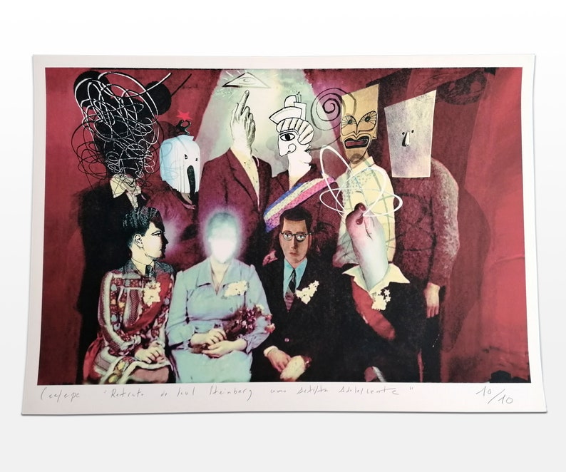 Puede incluir: Una impresi&oacute;n de collage abstracto y colorido que presenta a un grupo de personas con detalles caprichosos. La impresi&oacute;n est&aacute; sobre un fondo rojo e incluye el texto "(collage) "Retrats al Sol" Deberg om "Skylfte Adolscente" 40/40".