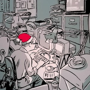 May include: A person wearing a red Santa hat sits at a desk in front of a computer, typing on the keyboard. There is a TV on the wall behind them, showing a news broadcast. The desk is cluttered with papers, a coffee mug, and other office supplies.