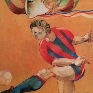 Puede incluir: Una pintura abstracta colorida de un jugador de fútbol pateando un balón. El jugador lleva una camiseta roja y azul y pantalones cortos negros. El fondo es de color amarillo-naranja con una imagen estilizada de la cara de una mujer en la esquina superior izquierda.