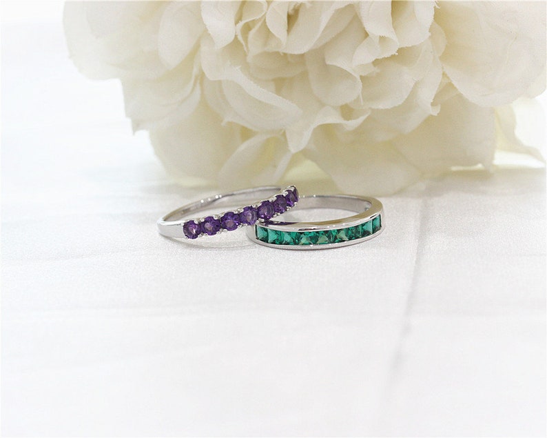 Silver Ring Treated Emerald Ring Set Gemstone Ring Engagement Set White Gold Plated Ring Set Stackable Ring Wedding Ring Set Handmade Ring