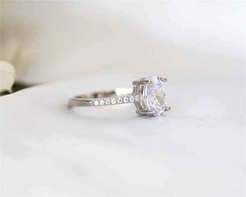 6*8mm Oval Cut Cubic Zirconia Ring White Gold Plate Gemstone Ring Handmade Engagement Ring Sliver Ring