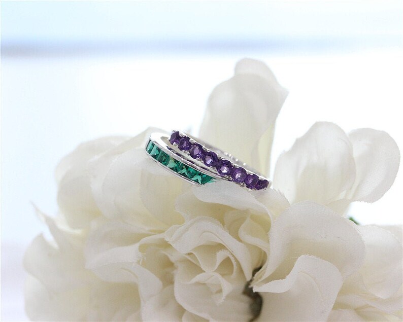 Silver Ring Treated Emerald Ring Set Gemstone Ring Engagement Set White Gold Plated Ring Set Stackable Ring Wedding Ring Set Handmade Ring