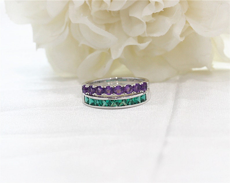 Silver Ring Treated Emerald Ring Set Gemstone Ring Engagement Set White Gold Plated Ring Set Stackable Ring Wedding Ring Set Handmade Ring