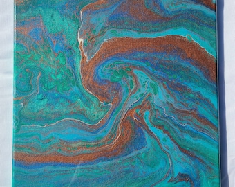 Abstract Fluid Art Painting: Teal, Blue, Bronze Resin on Canvas (12x12in)