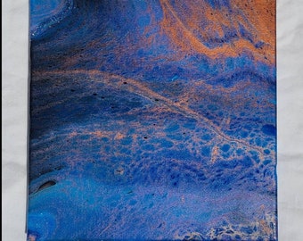 Celestine Acrylic Pour Painting: Blue Copper Metallic Canvas Art (10x10)