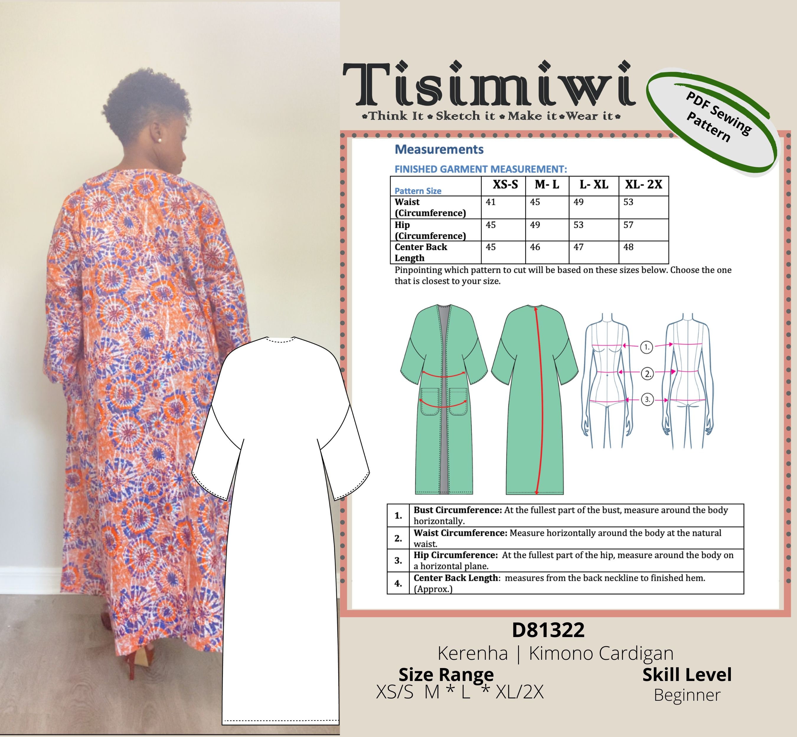 Kimono Cardigan Digital PDF Sewing Pattern US Size XS-2X Instant