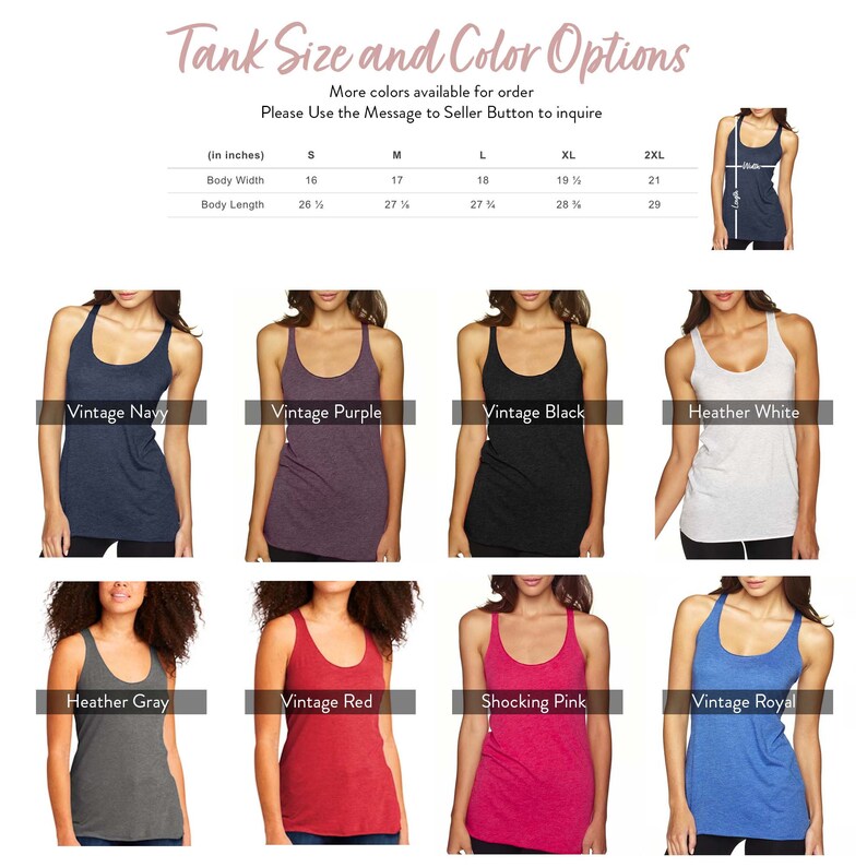Pu&ograve; includere: Un grafico che mostra le taglie e i colori dei top a canotta. Il grafico mostra la larghezza e la lunghezza del corpo in pollici per le taglie S, M, L, XL e 2XL. I colori mostrati sono Navy vintage, Viola vintage, Nero vintage, Bianco melange, Grigio melange, Rosso vintage, Rosa shocking e Blu reale vintage.