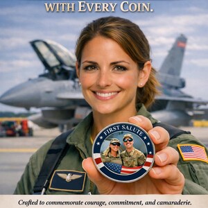 May include: A circular commemorative coin featuring the text 'FIRST SALUTE' and a photograph of two military personnel in uniform. The coin design includes a red, white, and blue flag motif. The text 'HONORING SERVICE WITH EVERY COIN.' appears above.