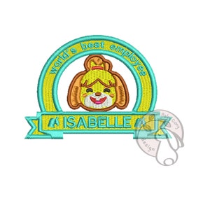 May include: Yellow and blue embroidered patch with a cartoon dog face and the text "World's Best Employee" above and "Isabelle" below.