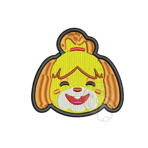 May include: Embroidered patch featuring a smiling yellow dog with brown ears and a red bow. The dog has a white muzzle and closed eyes.