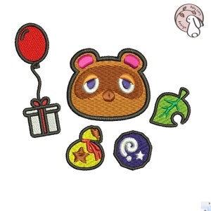 May include: A set of embroidered iron-on patches featuring characters and items from the popular video game Animal Crossing: New Horizons. The set includes a brown raccoon character with pink ears, a green leaf with a white stem, a yellow bag with a red ribbon and a star, a purple swirl with a white star, and a red balloon with a white string and a white gift box with a red bow.