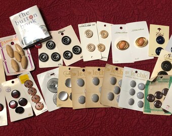 Vintage Buttons on Cards, Black-Brown-Gold-Navy-Grey-Silver Buttons on Cards, Miniature The Button Book, Old Buttons on Cards