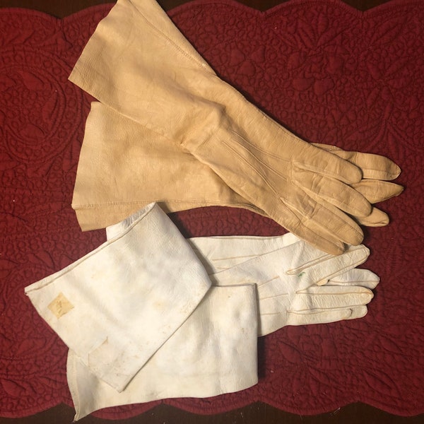 Antique Cream Colored Kid Leather Opera Gloves, Tan Kid Leather Women's Gloves, Vintage Kid Leather Gloves, Old Kid Leather Gloves