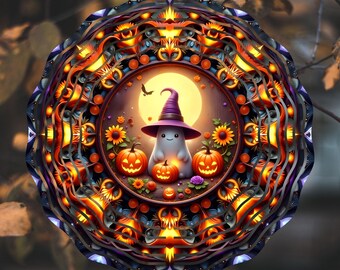 Halloween Ghost Wind Spinner Design, Fall Sunflowers Pumpkin Ghost Mandala, Halloween Autumn Wind Spinner Sublimation, Witch Hat Windspinner