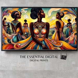 May include: A framed digital print featuring a vibrant, stylized illustration of several women in colorful gowns. The artwork showcases a warm color palette with intricate details and the text "THE ESSENTIAL DIGITAL DIGITAL PRINTS".