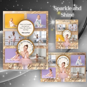 Anuncio del programa del recital de danza Sparkle and Shine, plantilla imprimible editable de página completa en Canva.