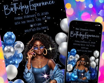 Denim Birthday Experience Party Invitation Template, Black Girl Editable Canva Printable Card