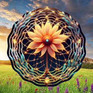 May include: A colorful mandala design with a flower in the center. The mandala is surrounded by a field of flowers and a blue sky.