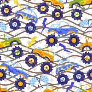 May include: A seamless pattern featuring colourful monster trucks with large tyres driving on a wavy brown track. The trucks are yellow, blue, green, and orange with flames and chequered flags.