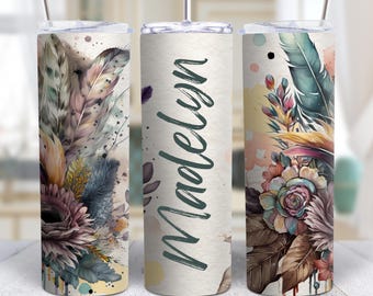 Boho Sublimation Tumbler Design, 20oz Skinny Tumbler Digital Download, Tumbler Design Template, Floral Digital PNG Straight Tumbler Wrap