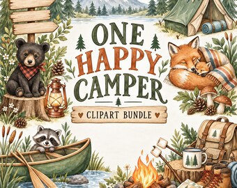 One Happy Camper Clipart Bundle, Woodland Animals First Birthday Clip Art PNG