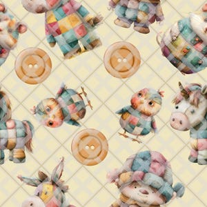 May include: A seamless pattern featuring patchwork animal toys on a yellow background with brown buttons. The animals include a unicorn, a chicken, a donkey, a bear, and a mouse. The toys are all made of different coloured fabrics and have a whimsical, handmade look.