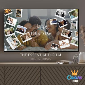 Puede incluir: Una pantalla digital que muestra un collage de fotos para el Día del Padre con el texto "THIS IS US Happy Father's Day 6.18.2026" sobre una imagen central de una familia, rodeada de varias instantáneas más pequeñas al estilo polaroid.