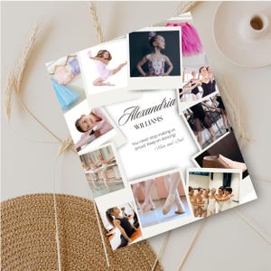 Puede incluir: Un collage de fotos con temática de ballet, con imágenes de bailarinas. En el centro, una tarjeta blanca con el nombre "Alexandria Williams" y el texto "You never stop making us proud. Keep on dancing! Mom and Dad."