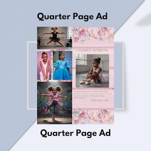 Può includere: Una pubblicità di un quarto di pagina con foto di giovani ballerini in varie pose. L'annuncio include il testo "Quarter Page Ad", il nome "CHANDRA ROBBONS" e un messaggio di congratulazioni da "Mom and Dad."