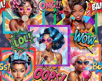 Modèle sans couture de l'époque du pop art, modèle pop art fille noire, modèle femmes afro-américaines, motif répétitif coloré pour le tissu