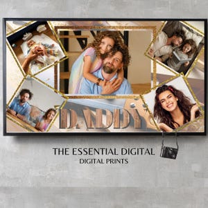 May include: A framed digital print featuring multiple family photos arranged around the word "DADDY" in wooden letters. The photos include a father and daughter, and other family moments. The print has a black frame and gold glitter accents.