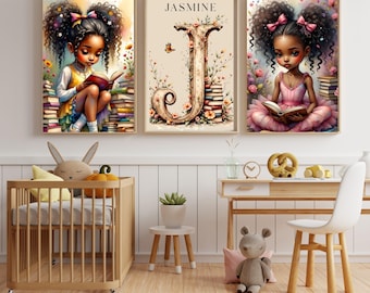 May include: Three framed art prints featuring illustrations of a young girl reading, and a floral letter "J" with the name "Jasmine". The girl is depicted with dark curly hair and is surrounded by books and flowers. The prints are in a child's room.