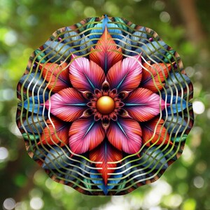 May include: A colorful metal wind spinner with a flower design. The flower has pink, red, and blue petals with a gold center. The wind spinner is surrounded by a series of concentric circles.