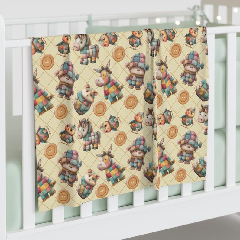 Peut inclure: Une couverture pour b&eacute;b&eacute; de couleur cr&egrave;me avec un motif r&eacute;p&eacute;t&eacute; d'animaux en patchwork et de boutons. Les animaux comprennent un cheval, un &acirc;ne, un oiseau et un ours. La couverture est douce et moelleuse, id&eacute;ale pour la chambre d'un b&eacute;b&eacute;.