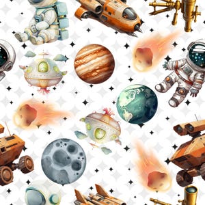 Pode incluir: Padrão repetitivo de ilustrações espaciais em aquarela. Inclui astronautas, planetas, naves espaciais, cometas e rovers. O fundo é branco com detalhes pretos em forma de estrela. O tema é a exploração espacial.