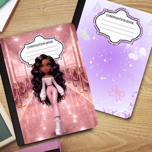 May include: Two composition books with black spines. One features a pink hallway scene with a doll character wearing a white top and pink trousers. The other is light purple with butterfly and bow graphics. Both have a white label reading COMPOSITION BOOK.
