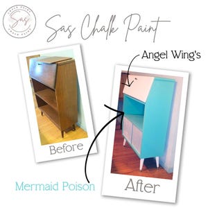 Puede incluir: Comparaci&oacute;n de un mueble de madera antes y despu&eacute;s de pintarlo. La imagen del "antes" muestra un mueble marr&oacute;n. La imagen del "despu&eacute;s" muestra el mueble pintado de color turquesa con detalles blancos y el texto "Angel Wing's". Tambi&eacute;n est&aacute; presente el texto "Mermaid Poison".