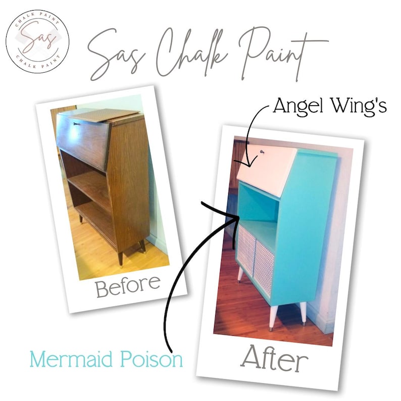 Puede incluir: Comparaci&oacute;n de un mueble de madera antes y despu&eacute;s de pintarlo. La imagen del "antes" muestra un mueble marr&oacute;n. La imagen del "despu&eacute;s" muestra el mueble pintado de color turquesa con detalles blancos y el texto "Angel Wing's". Tambi&eacute;n est&aacute; presente el texto "Mermaid Poison".