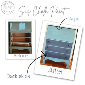 Puede incluir: Imagen que muestra una transformaci&oacute;n de antes y despu&eacute;s de un peque&ntilde;o escritorio de madera con Sas Chalk Paint. El escritorio est&aacute; pintado en colores aqua y cielos oscuros. La imagen posterior muestra el escritorio con tres cajones y pomos en forma de estrella.