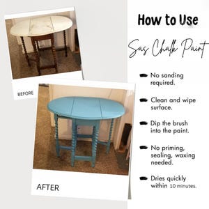 Puede incluir: Im&aacute;genes del antes y el despu&eacute;s de una peque&ntilde;a mesa de madera pintada con Sas Chalk Paint. La imagen del antes muestra una mesa blanca desgastada. La imagen del despu&eacute;s muestra la misma mesa pintada de color azul claro. El texto de la imagen dice "How to Use Sas Chalk Paint".