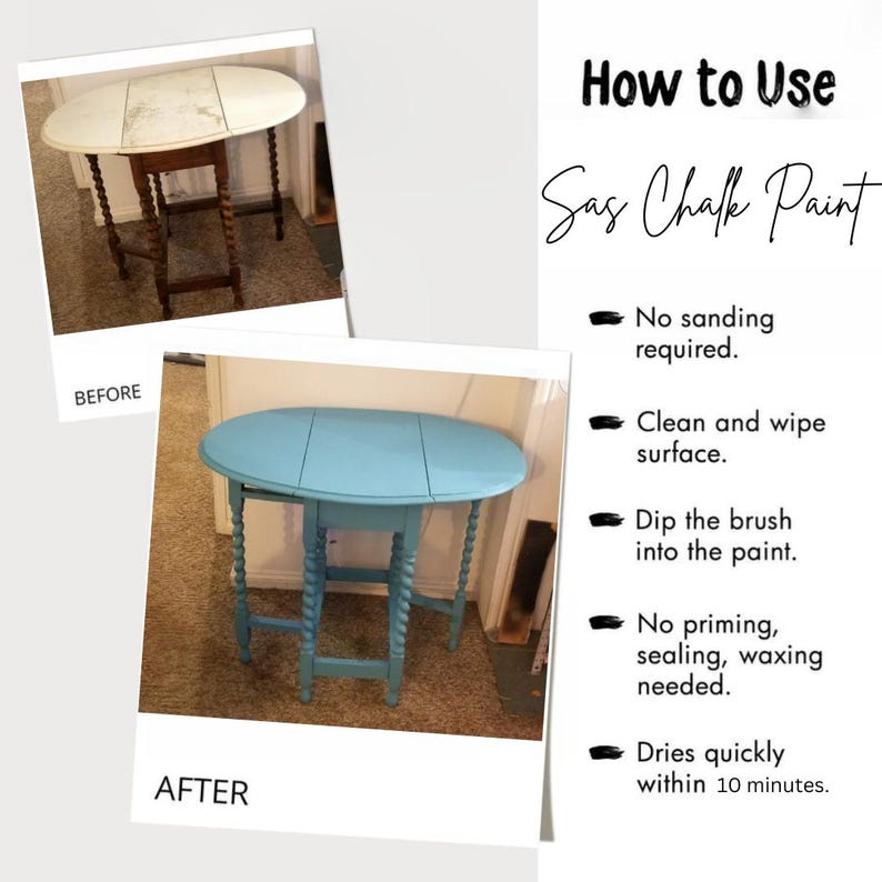 Puede incluir: Im&aacute;genes del antes y el despu&eacute;s de una peque&ntilde;a mesa de madera pintada con Sas Chalk Paint. La imagen del antes muestra una mesa blanca desgastada. La imagen del despu&eacute;s muestra la misma mesa pintada de color azul claro. El texto de la imagen dice "How to Use Sas Chalk Paint".